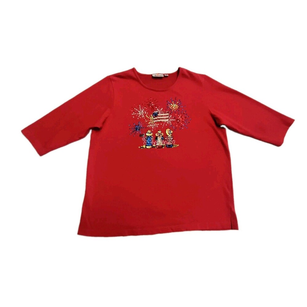 Quacker Factory Bright Red Cotton Pullover Fourth of July Top Fireworks Size XL